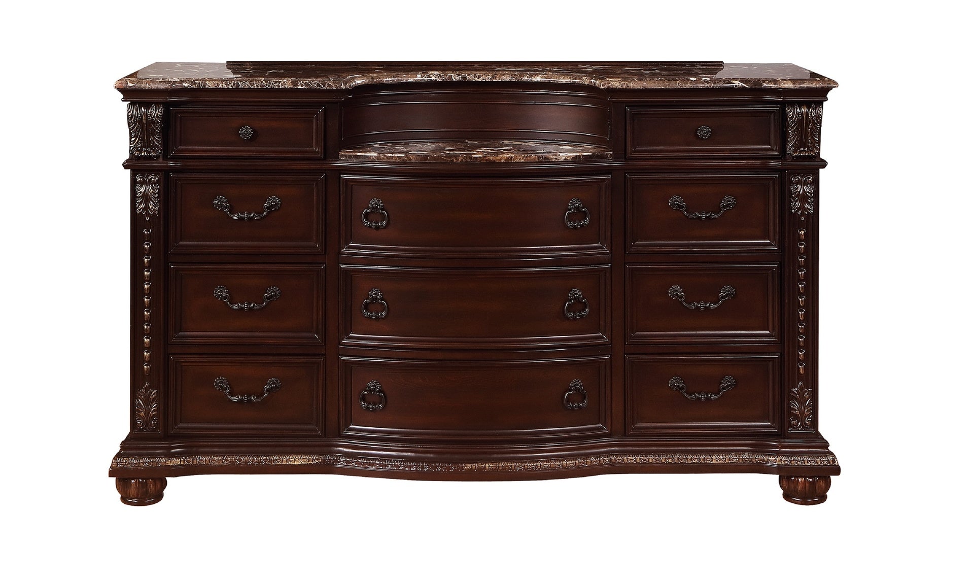 1pc Marble Top 11 Drawers Dresser Intricate Moldings Beautifully Curved Silhouette Brown Dark Cherry Finish Bedroom Solid Wood Furniture