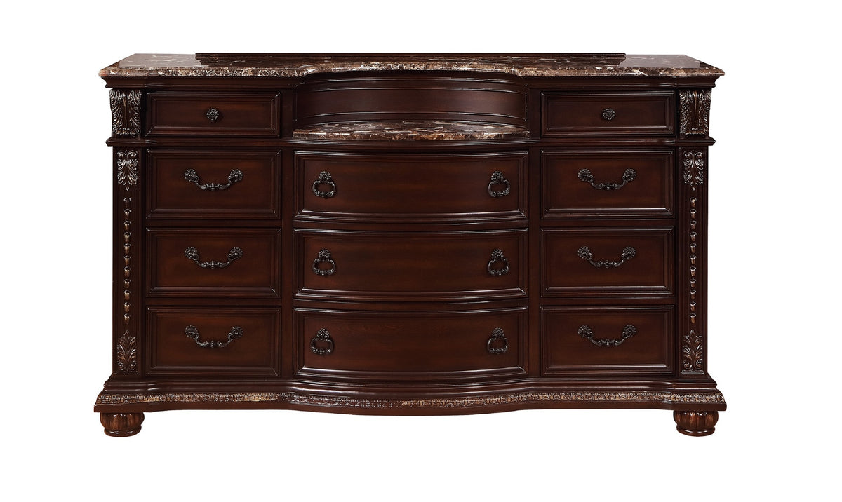 1pc Marble Top 11 Drawers Dresser Intricate Moldings Beautifully Curved Silhouette Brown Dark Cherry Finish Bedroom Solid Wood Furniture