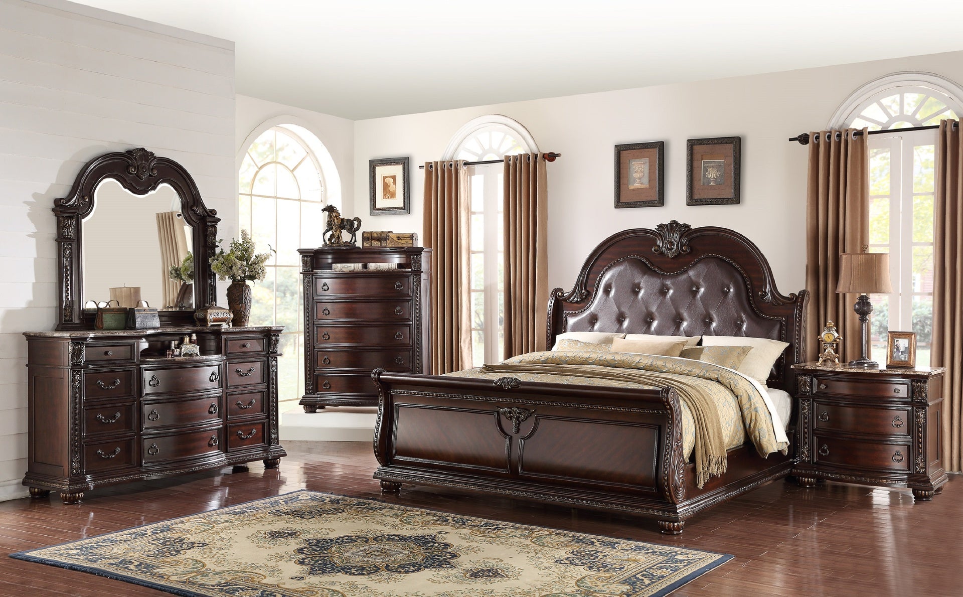 1pc Marble Top 11 Drawers Dresser Intricate Moldings Beautifully Curved Silhouette Brown Dark Cherry Finish Bedroom Solid Wood Furniture