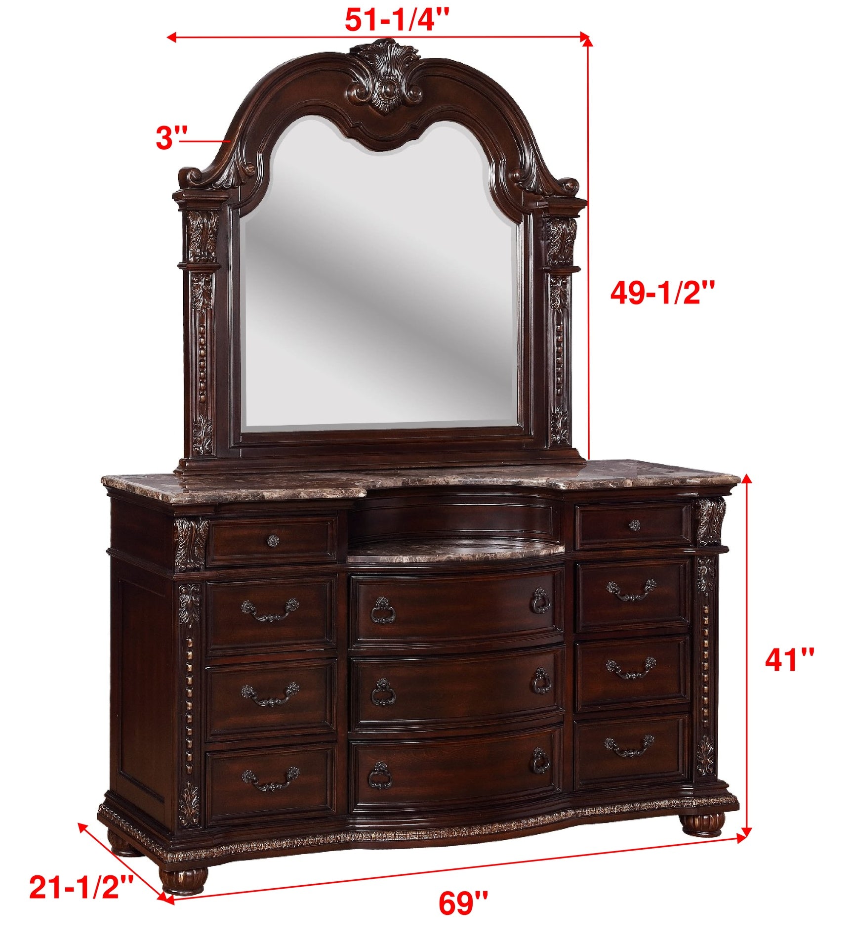 1pc Marble Top 11 Drawers Dresser Intricate Moldings Beautifully Curved Silhouette Brown Dark Cherry Finish Bedroom Solid Wood Furniture