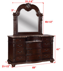 1pc Marble Top 11 Drawers Dresser Intricate Moldings Beautifully Curved Silhouette Brown Dark Cherry Finish Bedroom Solid Wood Furniture
