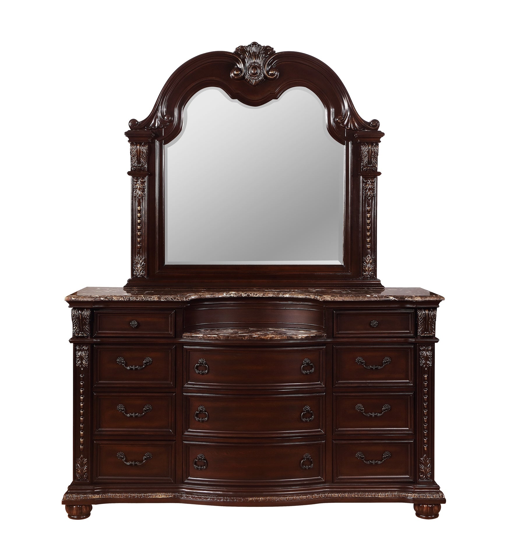 1pc Marble Top 11 Drawers Dresser Intricate Moldings Beautifully Curved Silhouette Brown Dark Cherry Finish Bedroom Solid Wood Furniture