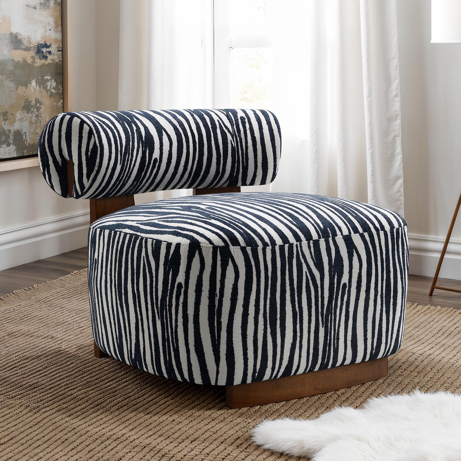 Contemporary Style 1pc Accent Chair Cylindrical Backrest High Density Foam Zebra Strip Fabric Midnight Blue Finish Primary Living Room