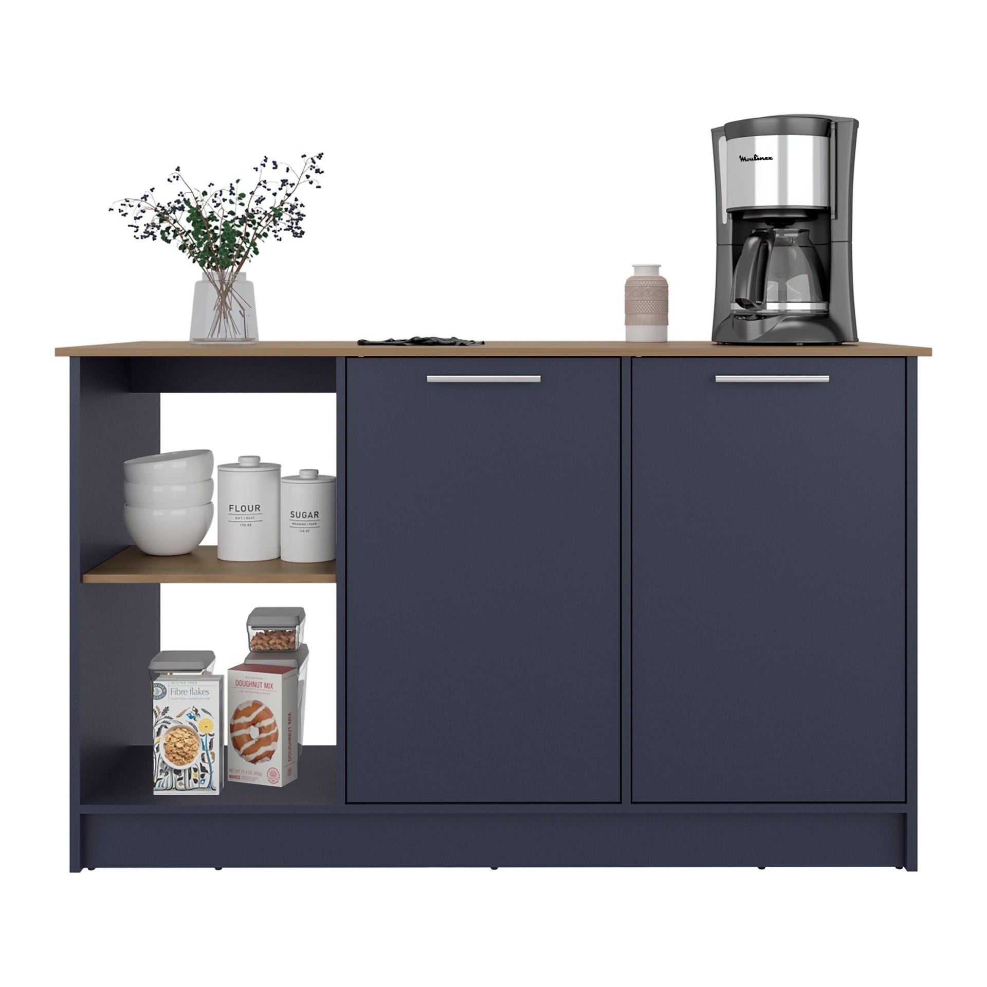 Kronos Blue and Natural Oak Kitchen Island with Storage Cabinet and Open Shelves