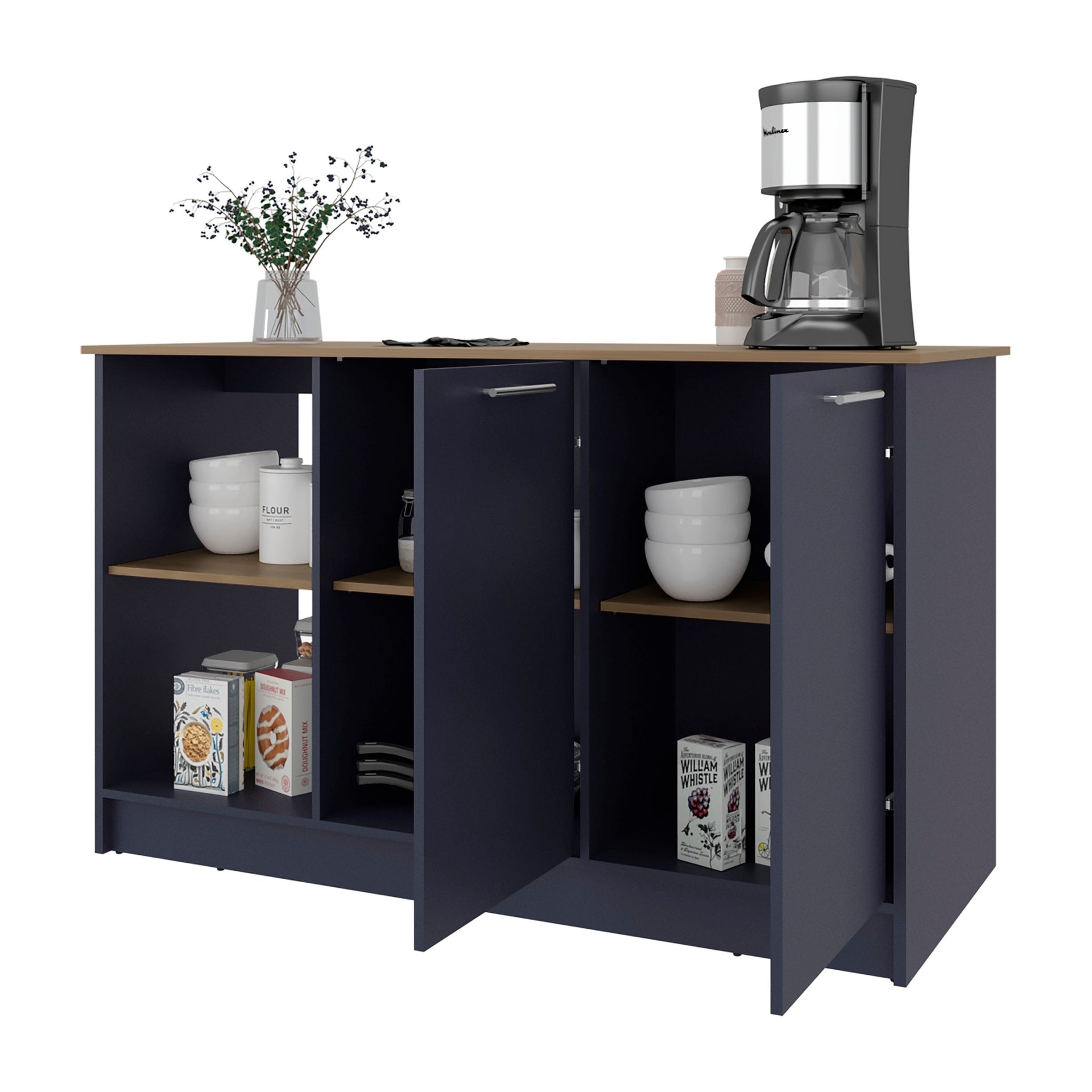 Kronos Blue and Natural Oak Kitchen Island with Storage Cabinet and Open Shelves