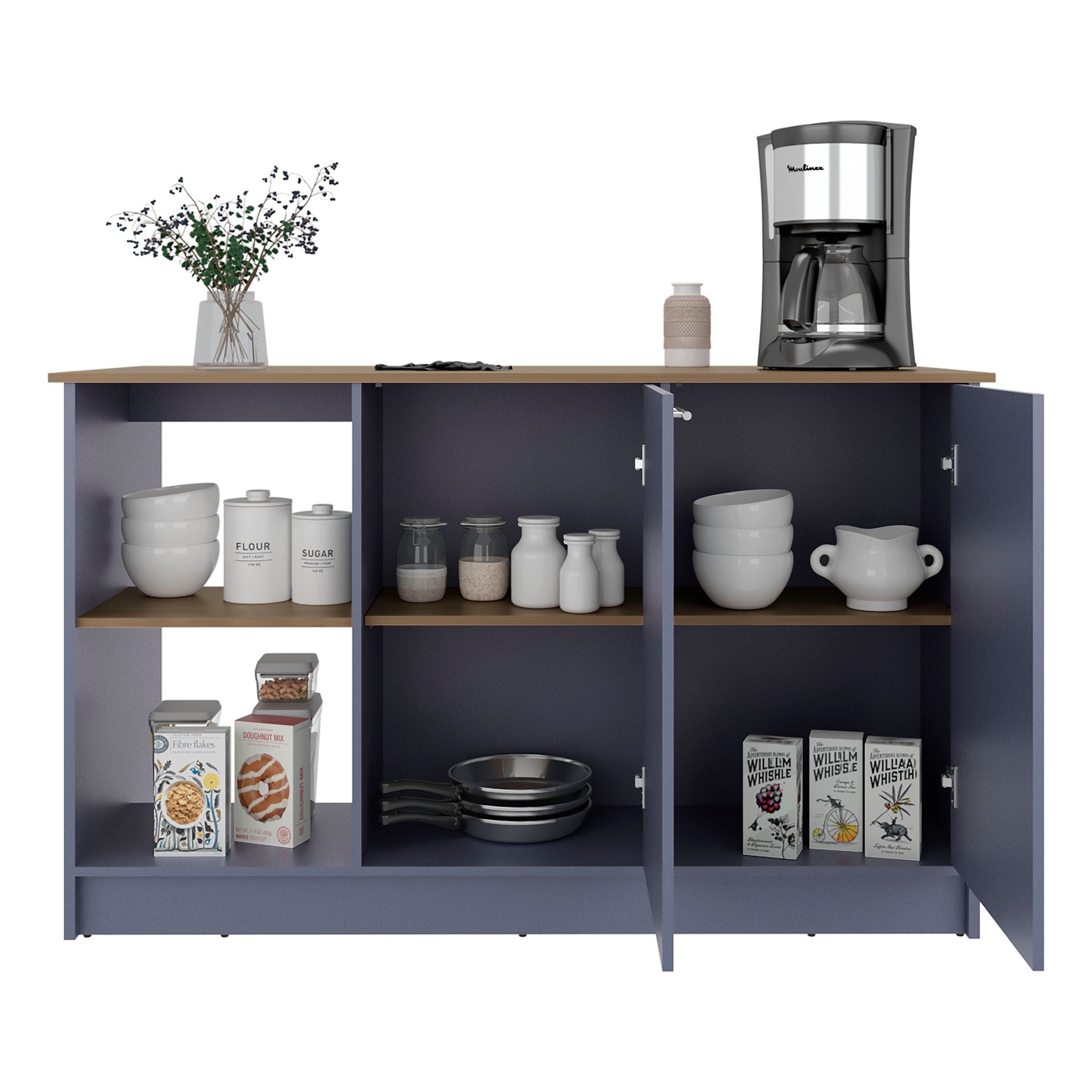 Kronos Blue and Natural Oak Kitchen Island with Storage Cabinet and Open Shelves