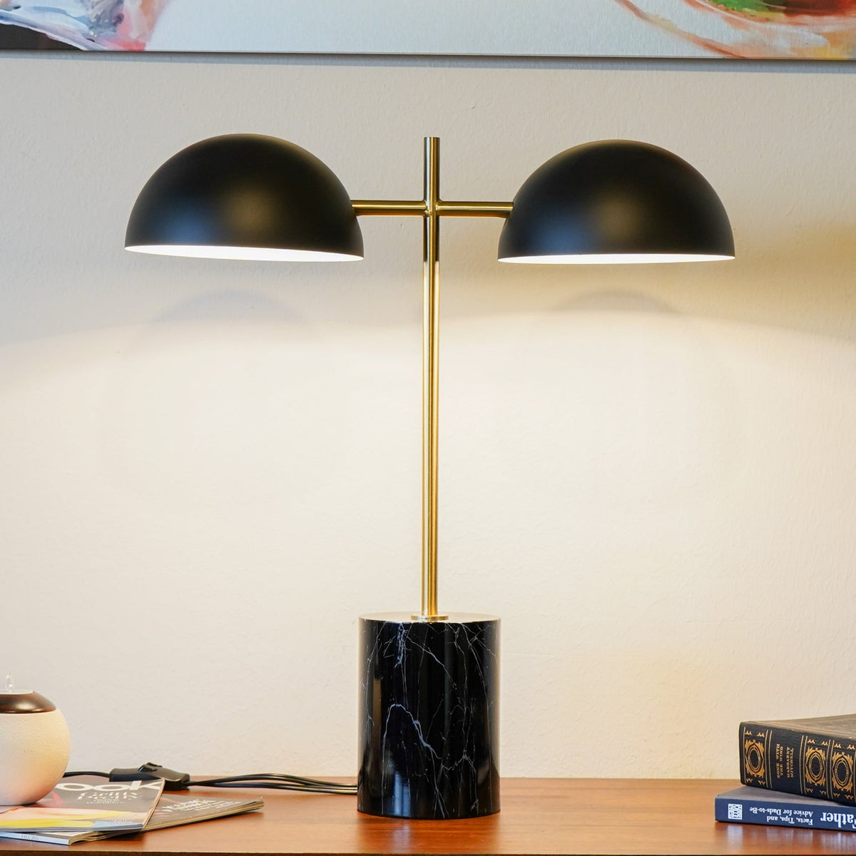 Nova Hydro Black Table Lamp with On/Off Switch, Double Lamp, Faux Marble Base 22.4" H X 20" W X 7.9" D for Living Room, Desk Lamps for Office Reading