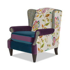 Anya Boho Chic Wingback Accent Arm Chair, Floral & Leopard, Blue-Teal & Purple Velvet