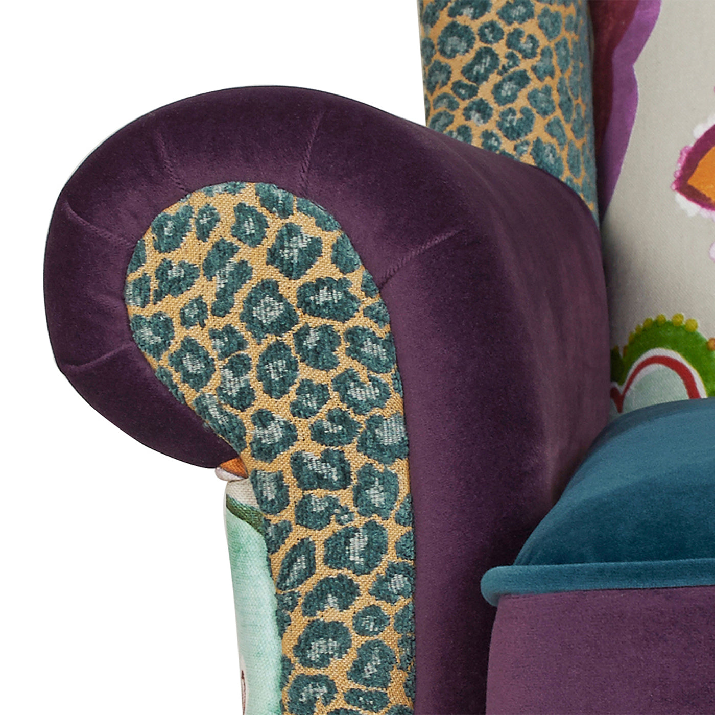 Anya Boho Chic Wingback Accent Arm Chair, Floral & Leopard, Blue-Teal & Purple Velvet