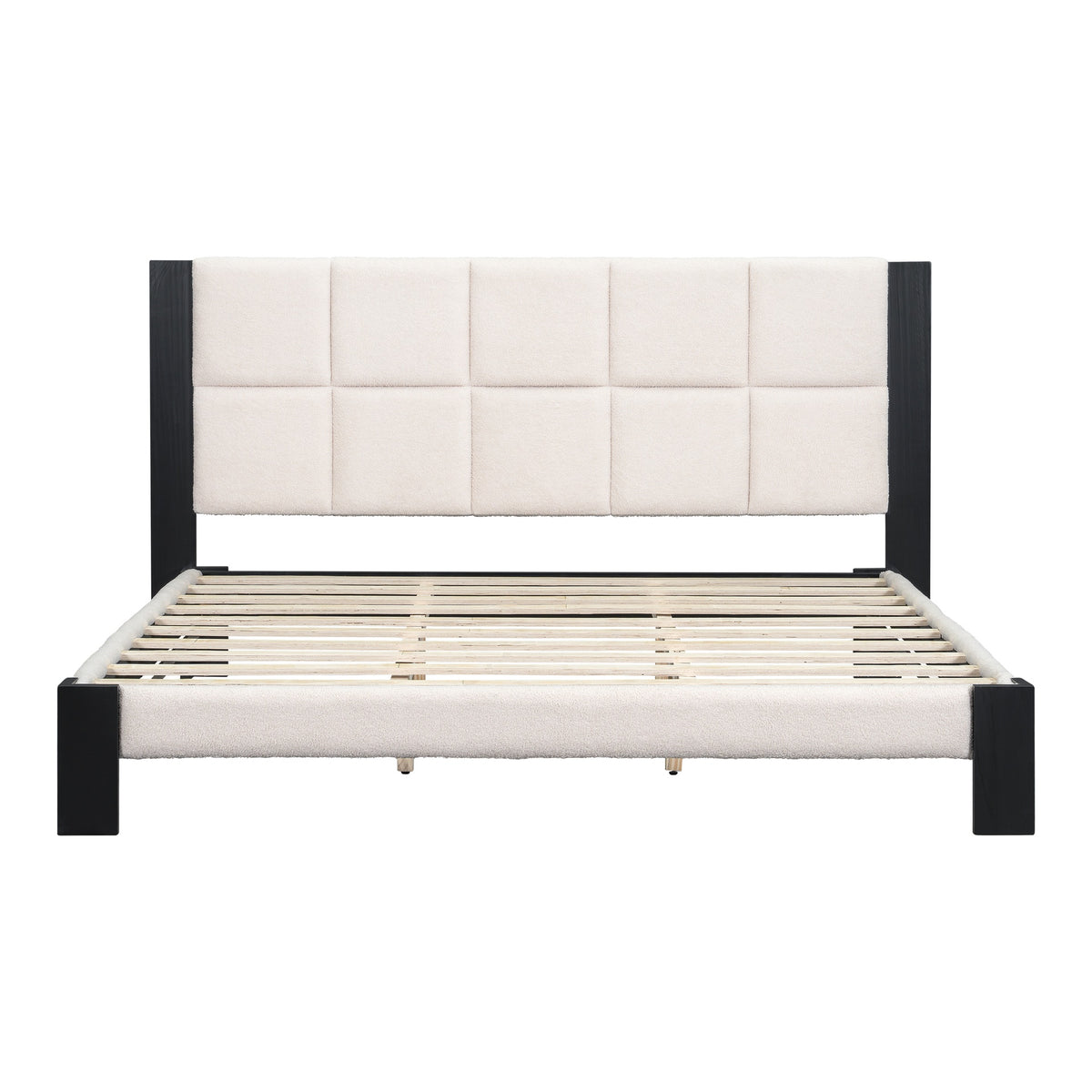 Boucle Cal King Bed frame with Cube headboard ,BEIGE + BLACK