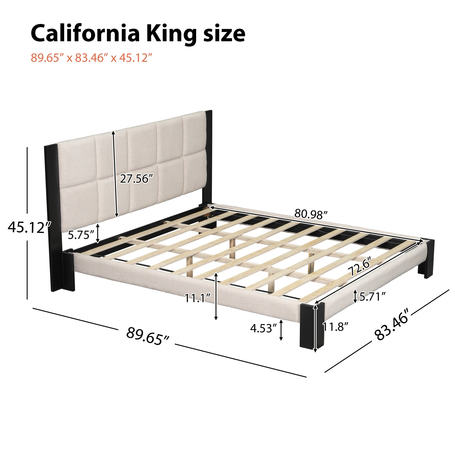 Boucle Cal King Bed frame with Cube headboard ,BEIGE + BLACK