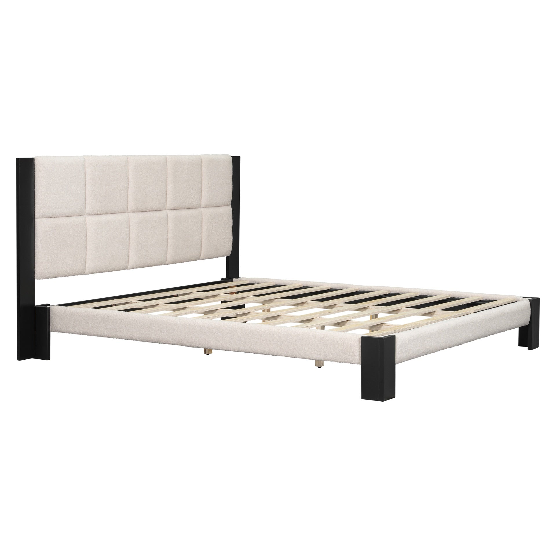 Boucle Cal King Bed frame with Cube headboard ,BEIGE + BLACK
