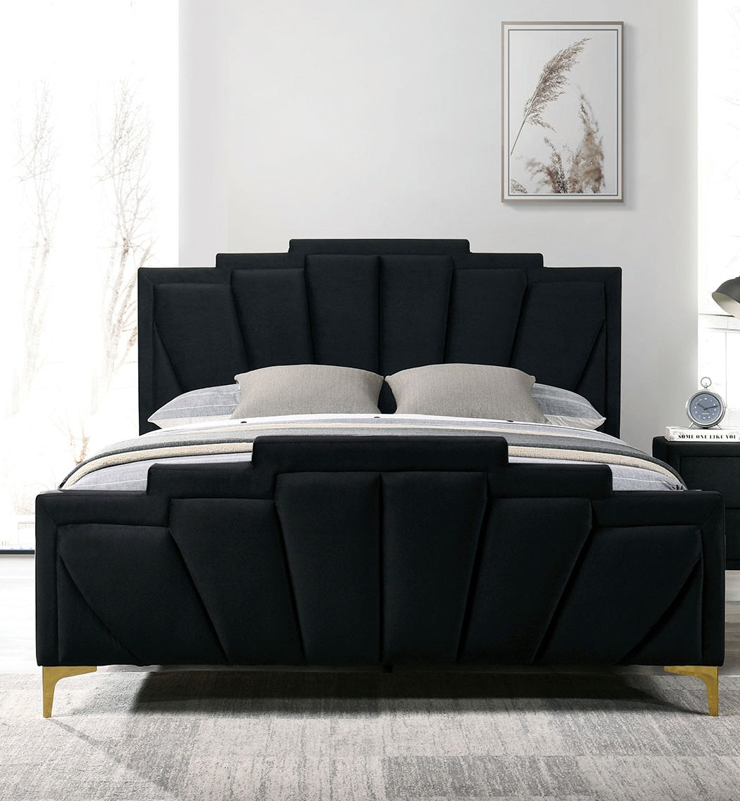 Glam Classic Black Flannelette Fully Upholstered Queen Size Bed Shell Tufting Padded HB 1pc Bedframe