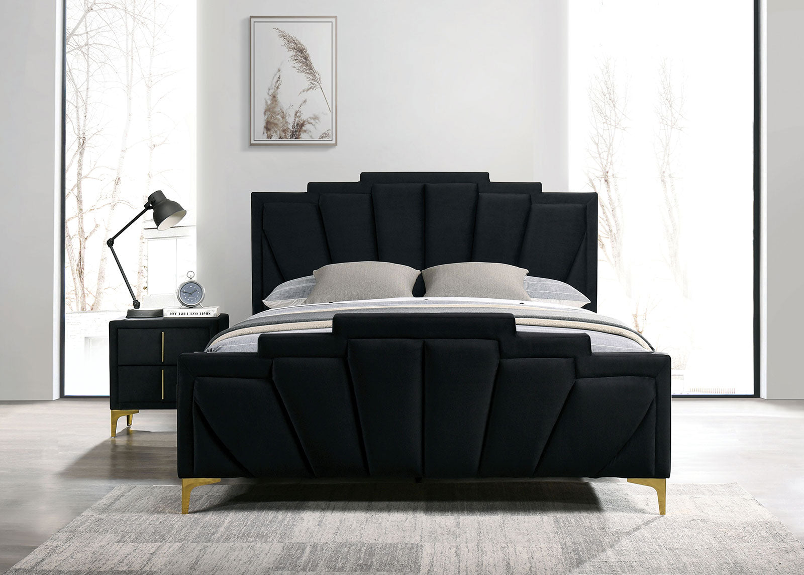 Glam Classic Black Flannelette Fully Upholstered Queen Size Bed Shell Tufting Padded HB 1pc Bedframe