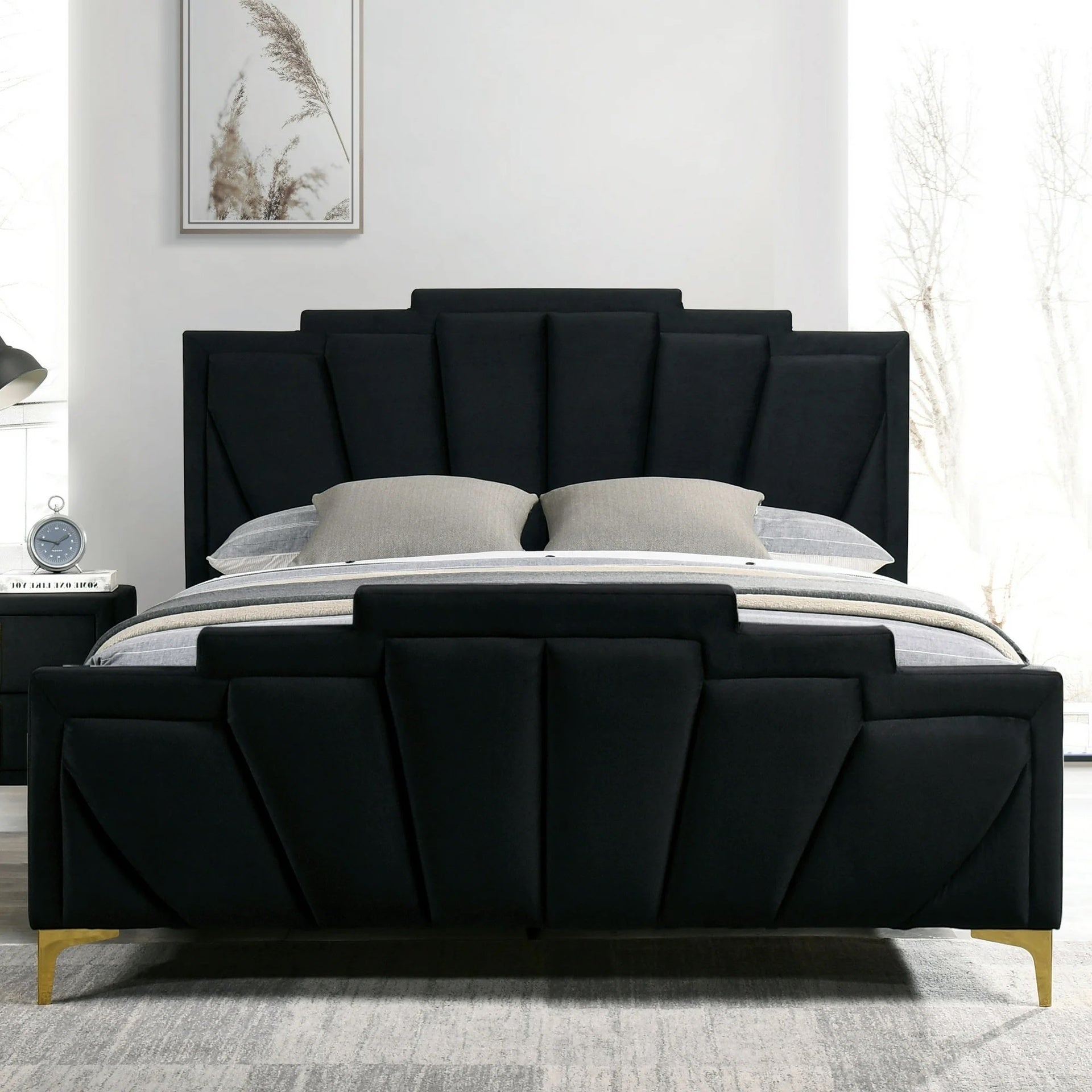 Glam Classic Black Flannelette Fully Upholstered Queen Size Bed Shell Tufting Padded HB 1pc Bedframe