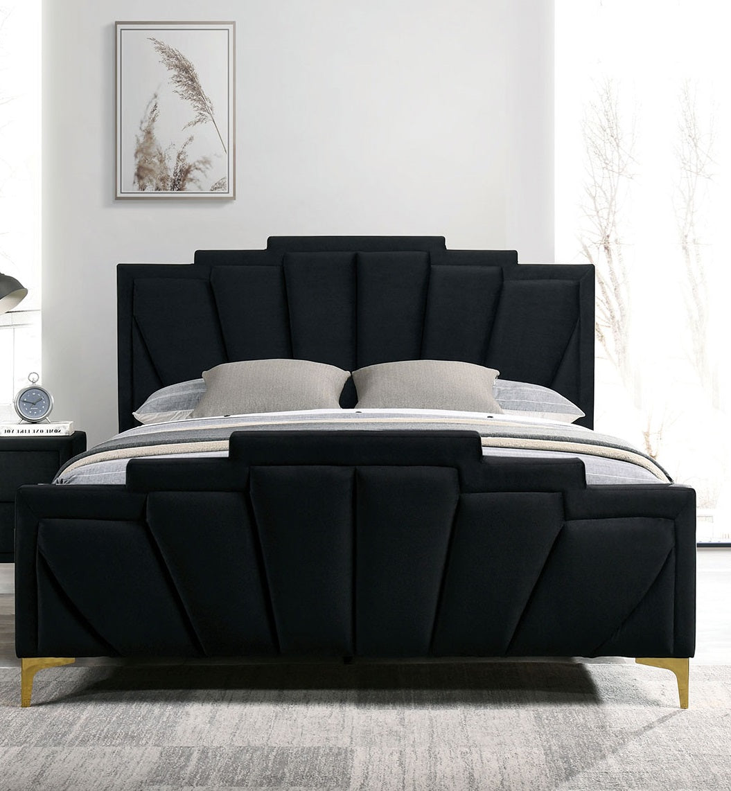 Glam Classic Black Flannelette Fully Upholstered Queen Size Bed Shell Tufting Padded HB 1pc Bedframe
