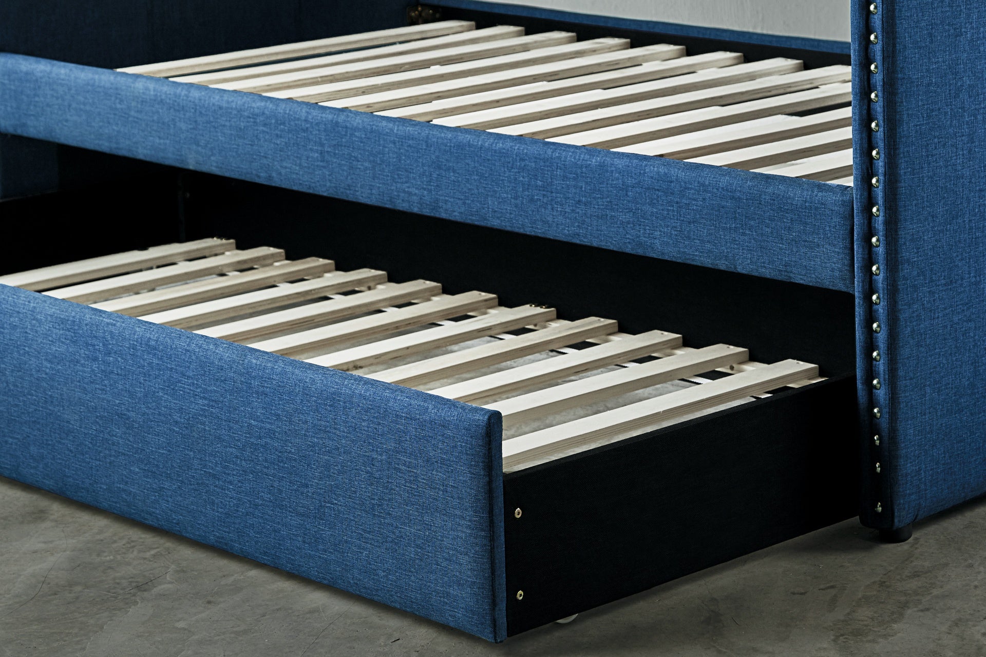 Blue Fabric Upholstered 1pc Day Bed with Pull-out Trundle Nailhead Trim Wood Frame Furniture
