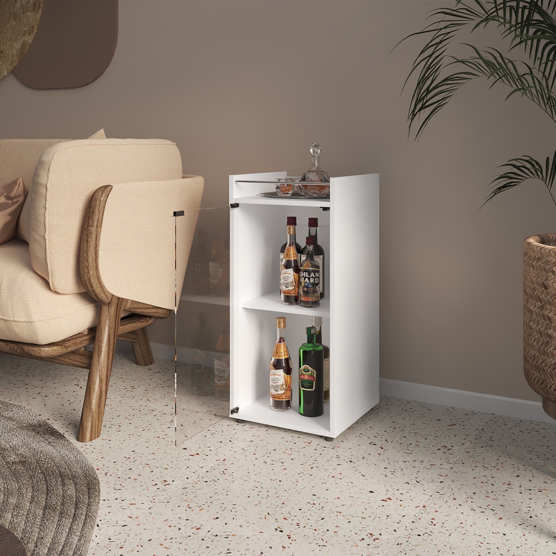 White 1-Door Bar Cabinet with Open Shelf