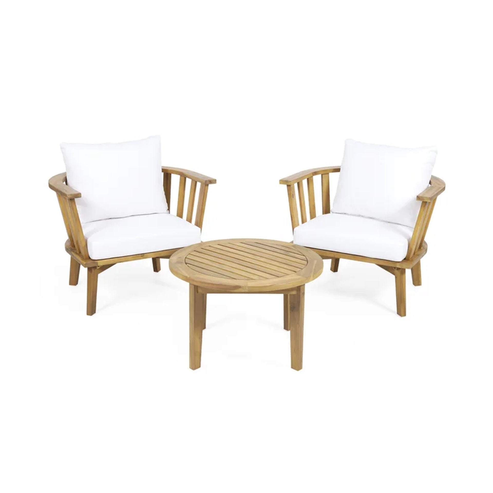 3-Piece Patio Furniture Set, Outdoor Acacia Wood Patio Club Chair with Table, Wooden Patio Furniture,Waterproof Thick Cushion Deep Seating for Porch, Garden, Backyard, Balcony, Teak Finish, White