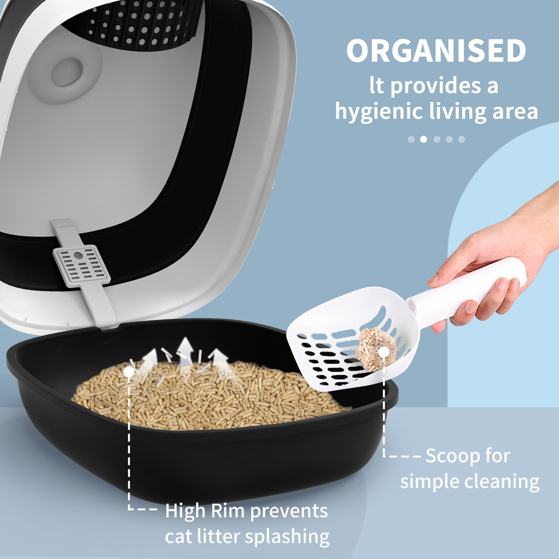 PawHut Cat Litter Box with Lid, Covered Litter Box w/ High Sides, Air Freshener, Large Two-Way Entrance Kitty Litter Box, Foldable, Easy Clean, White, and Black