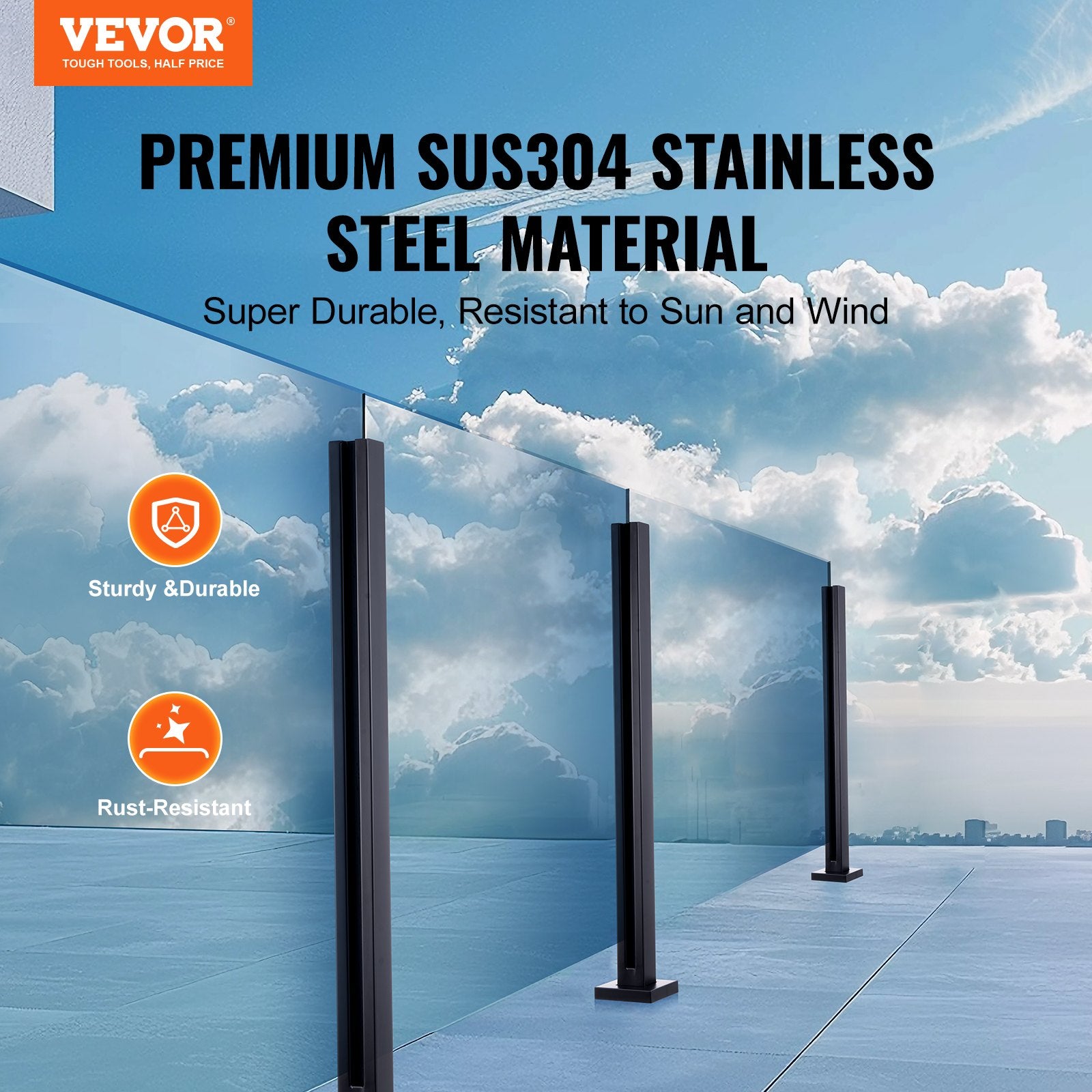 Glass Clamp, 41.34" Height Glass Railing Bracket for 0.39 "-0.47 " Thickness Tempered Glass, 304 Stainless Steel Glass Mounting Clamp, Glass Shelf Bracket for Balcony, Garden, Deck, Stair, Black