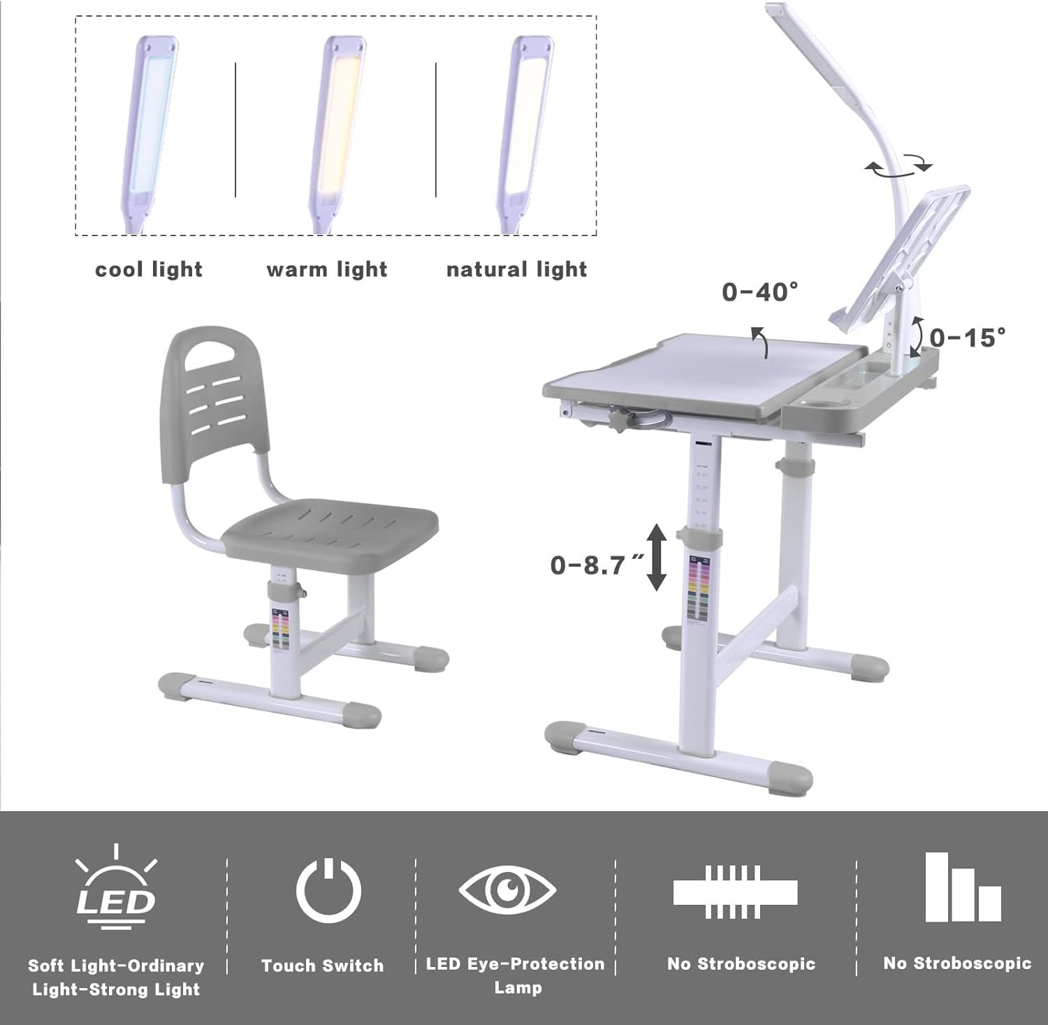 Desk for Kids Desk and Chair Set Kids Art Desk Drafting Table Desk Set with Adjustable Height, 40-Degree Tiltable Children Desktop, LED Light, Bookstand, Gray