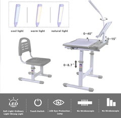 Desk for Kids Desk and Chair Set Kids Art Desk Drafting Table Desk Set with Adjustable Height, 40-Degree Tiltable Children Desktop, LED Light, Bookstand, Gray
