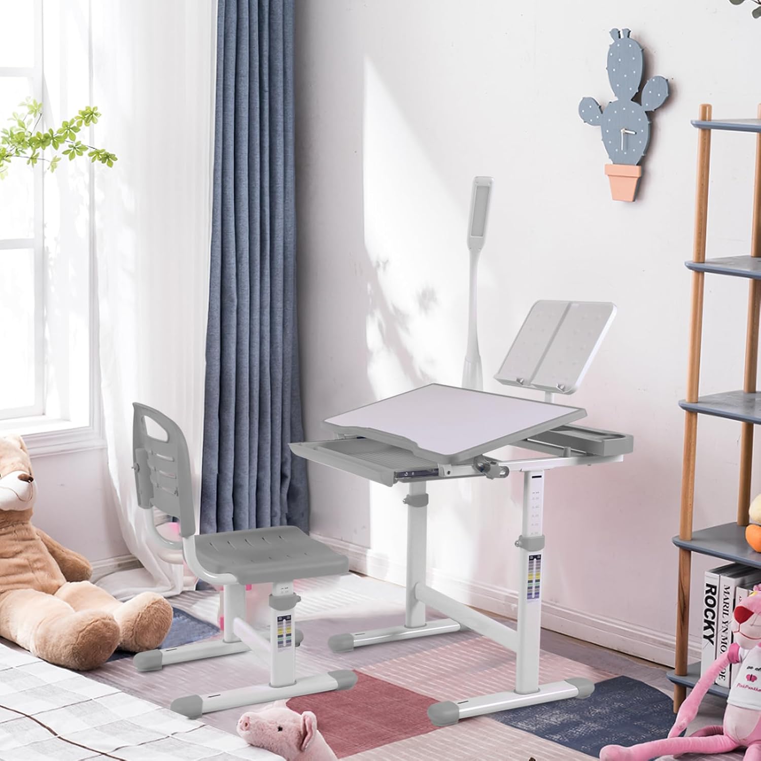 Desk for Kids Desk and Chair Set Kids Art Desk Drafting Table Desk Set with Adjustable Height, 40-Degree Tiltable Children Desktop, LED Light, Bookstand, Gray