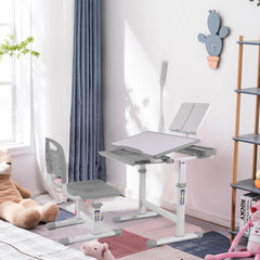 Desk for Kids Desk and Chair Set Kids Art Desk Drafting Table Desk Set with Adjustable Height, 40-Degree Tiltable Children Desktop, LED Light, Bookstand, Gray