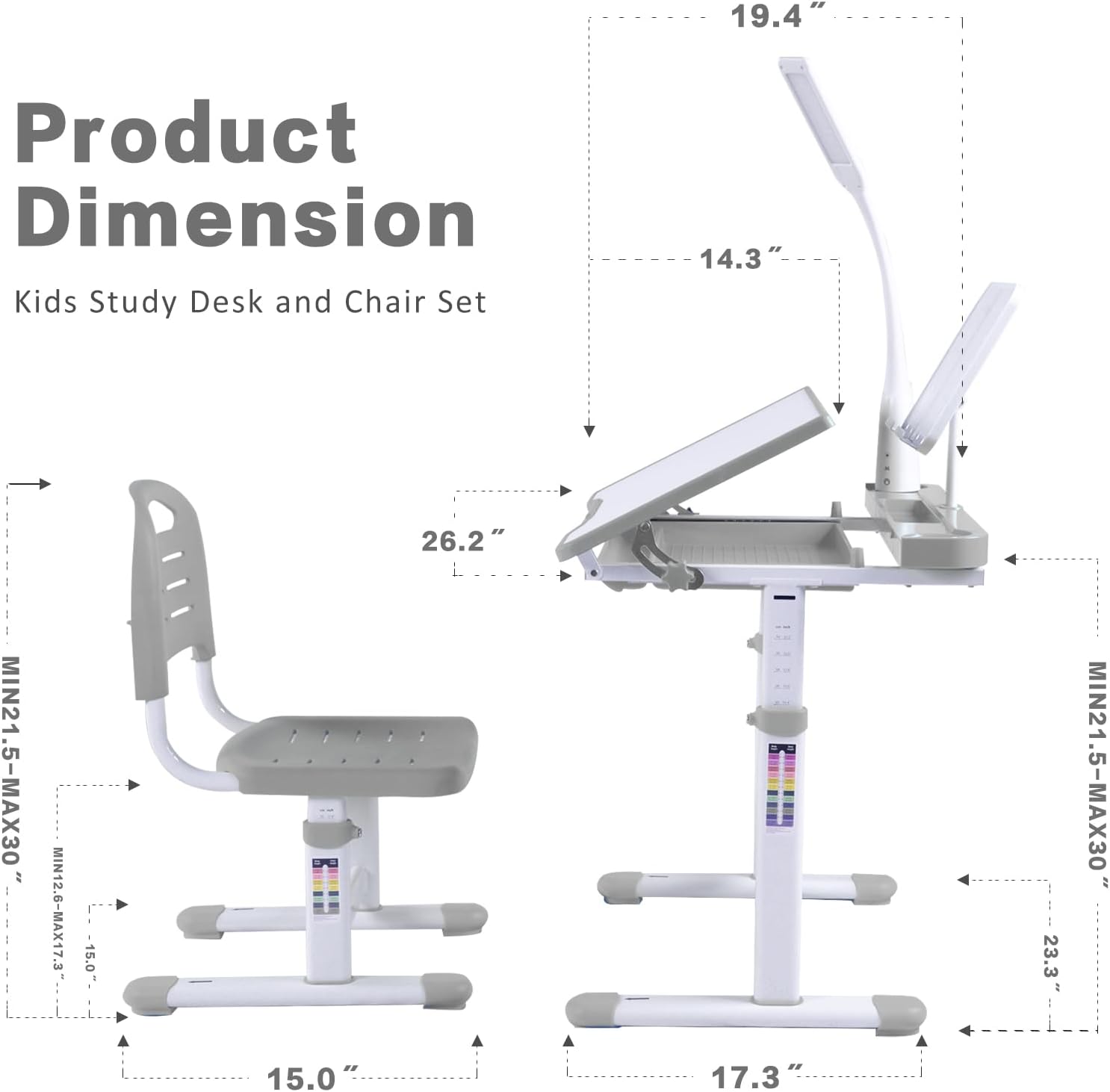 Desk for Kids Desk and Chair Set Kids Art Desk Drafting Table Desk Set with Adjustable Height, 40-Degree Tiltable Children Desktop, LED Light, Bookstand, Gray
