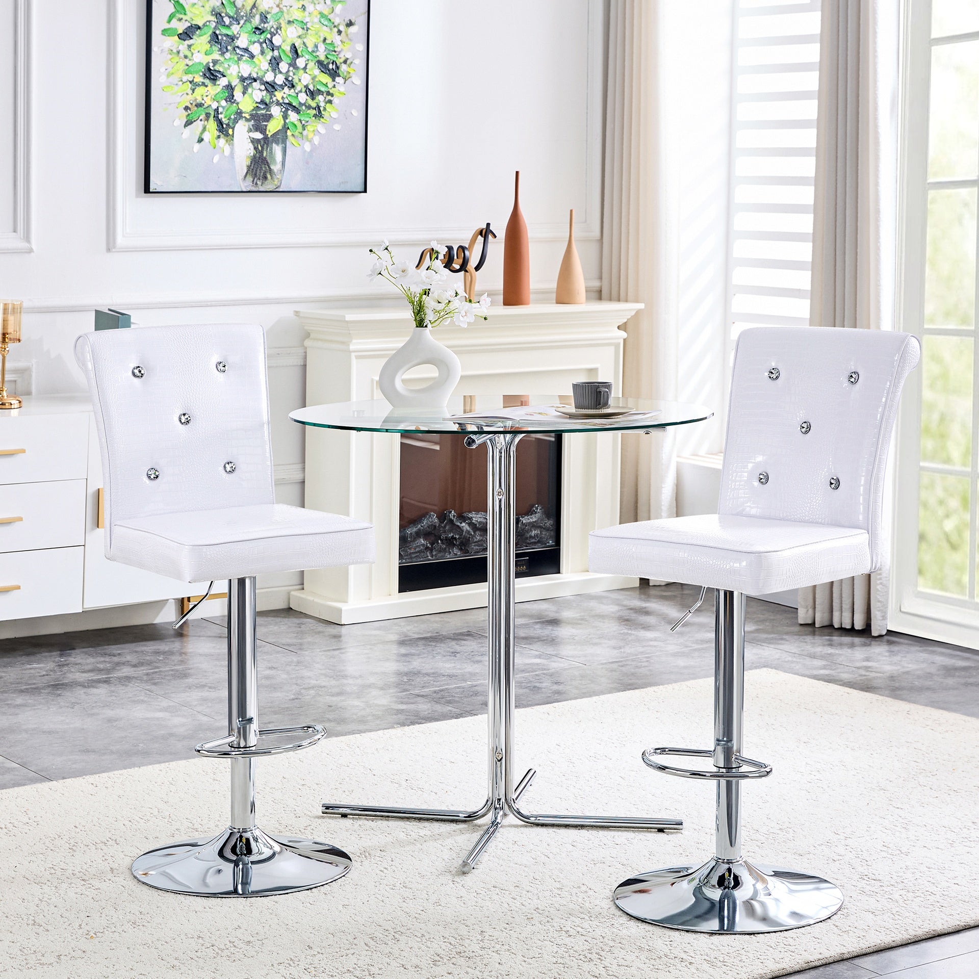 A set of 2 white vintage crocodile leather lift chairs, featuring crystal clasp design and synthetic leather design, adding a touch of elegance and mystery to the dining area