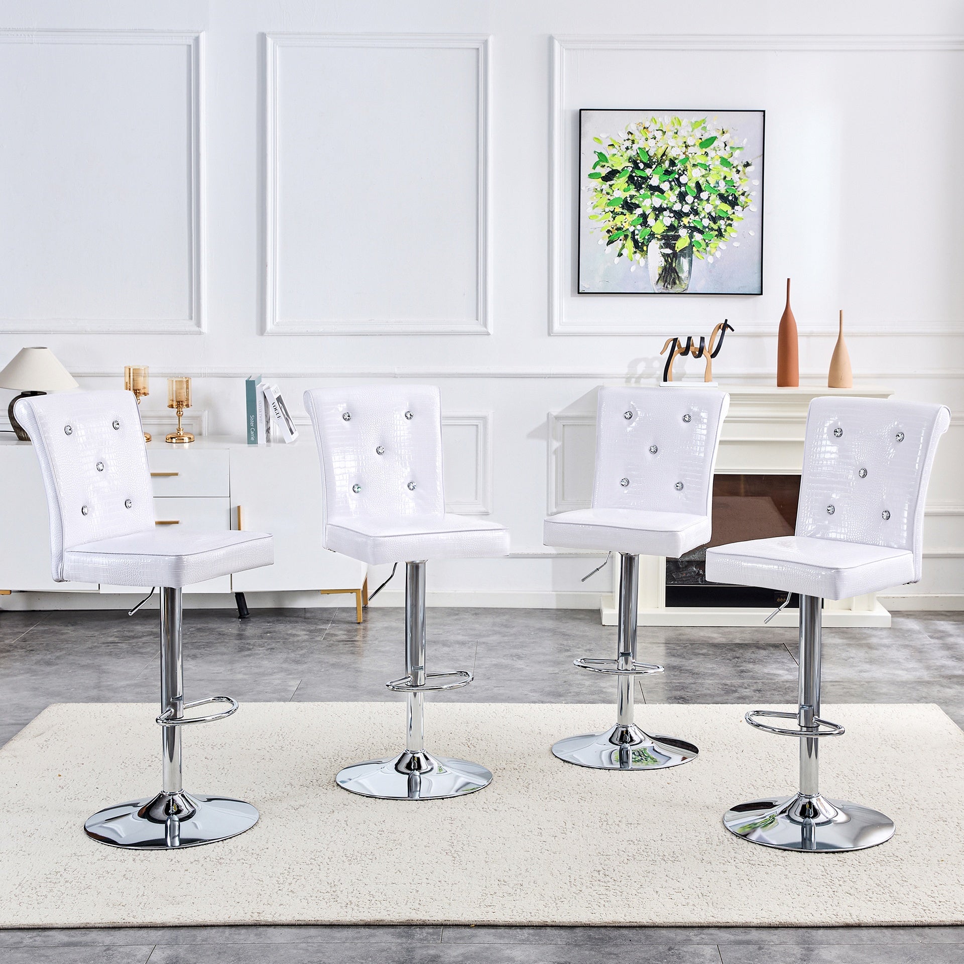 A set of 2 white vintage crocodile leather lift chairs, featuring crystal clasp design and synthetic leather design, adding a touch of elegance and mystery to the dining area