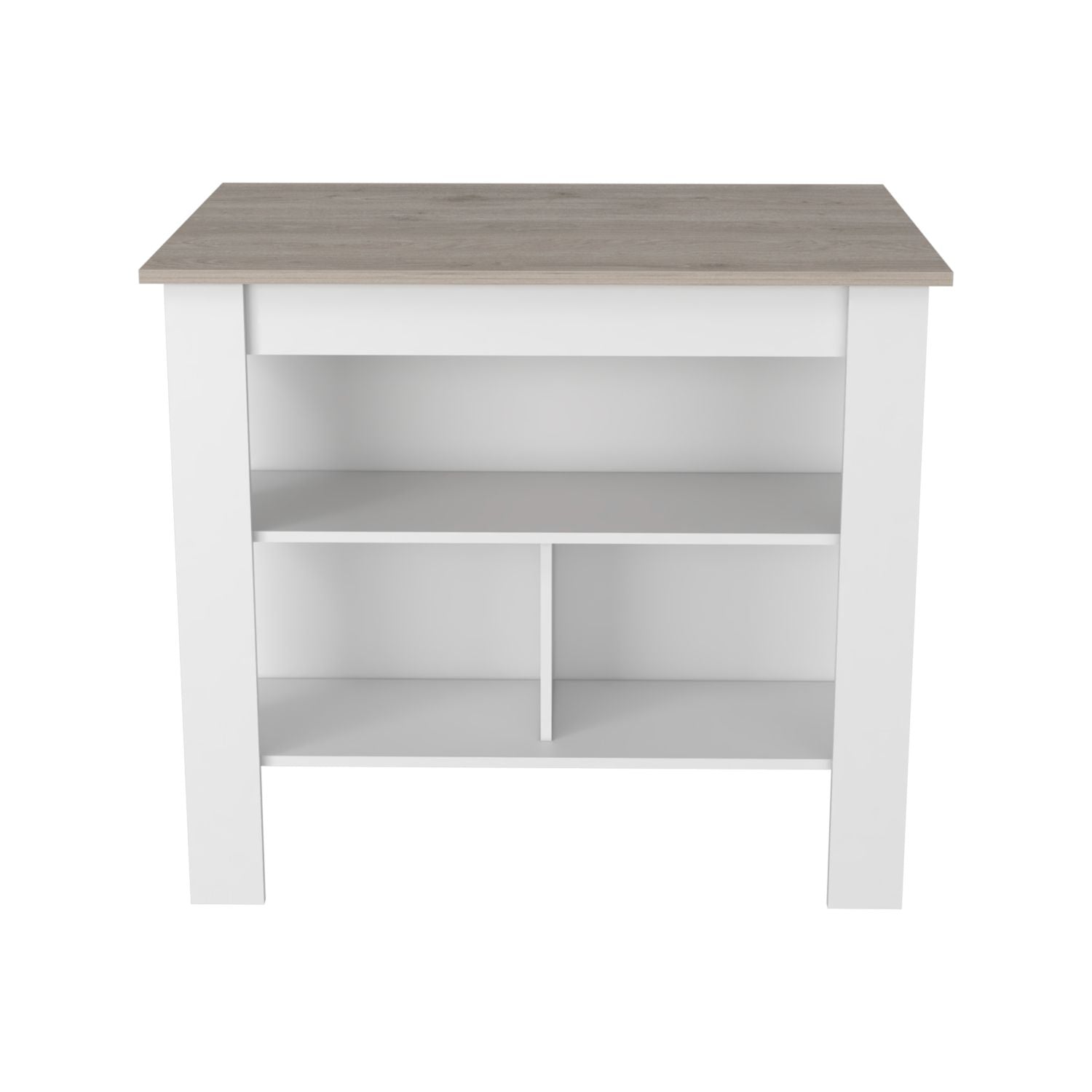 Kitchen Island, Kitchen Table 35" H, Three Open Storage Shelves, Four Legs, White / Light Gray