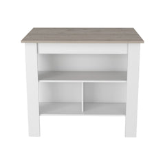 Kitchen Island, Kitchen Table 35" H, Three Open Storage Shelves, Four Legs, White / Light Gray