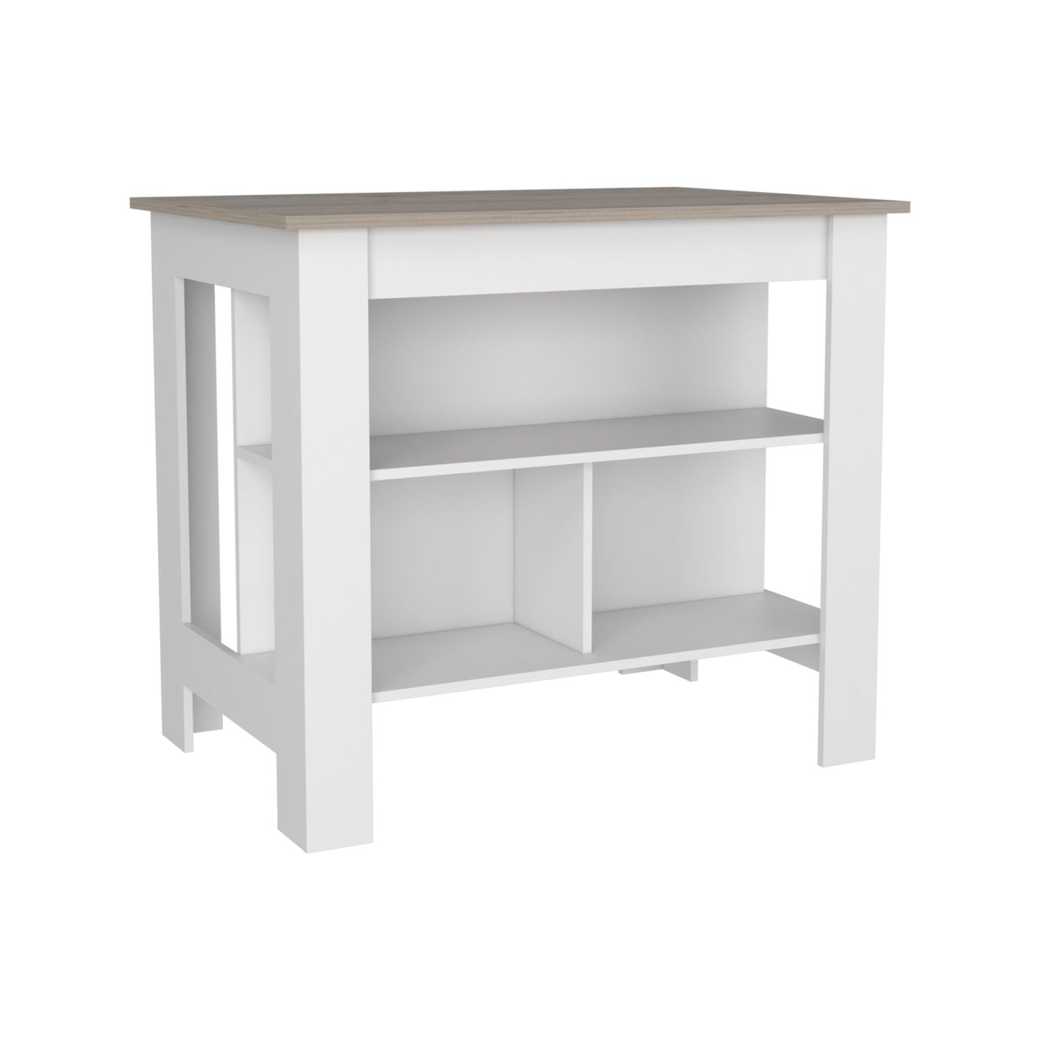 Kitchen Island, Kitchen Table 35" H, Three Open Storage Shelves, Four Legs, White / Light Gray