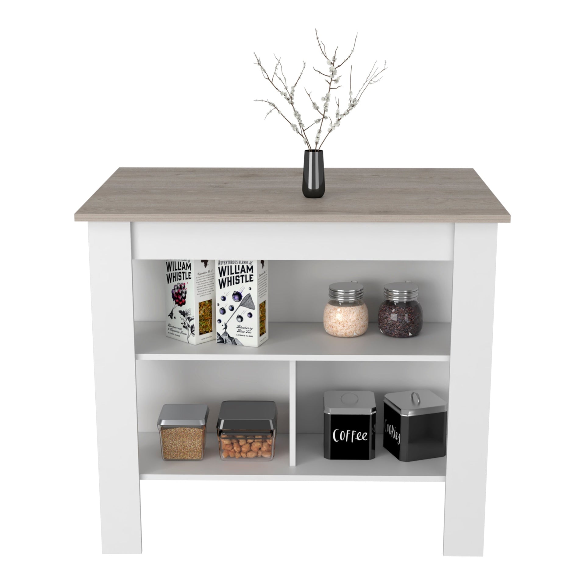 Kitchen Island, Kitchen Table 35" H, Three Open Storage Shelves, Four Legs, White / Light Gray