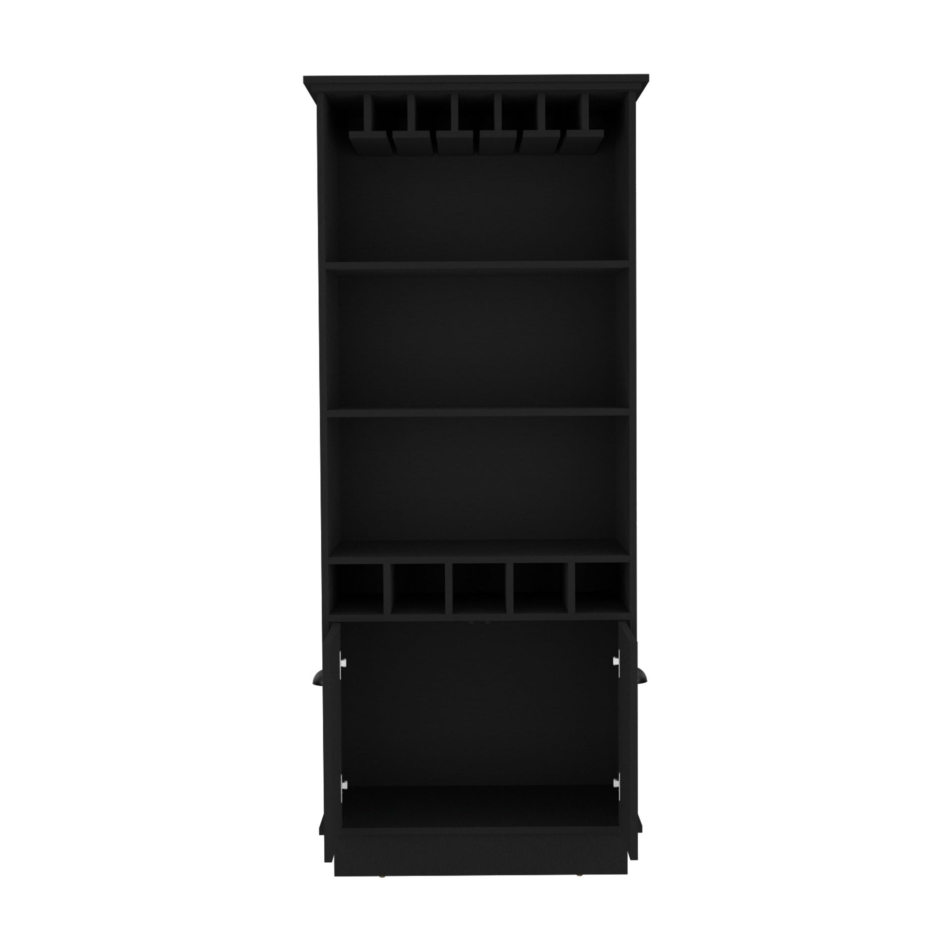 Bar Cabinet 70"H  with Wine Rack, Upper Glass Cabinet, three Open Storage Shelves and One Cabinet,Black