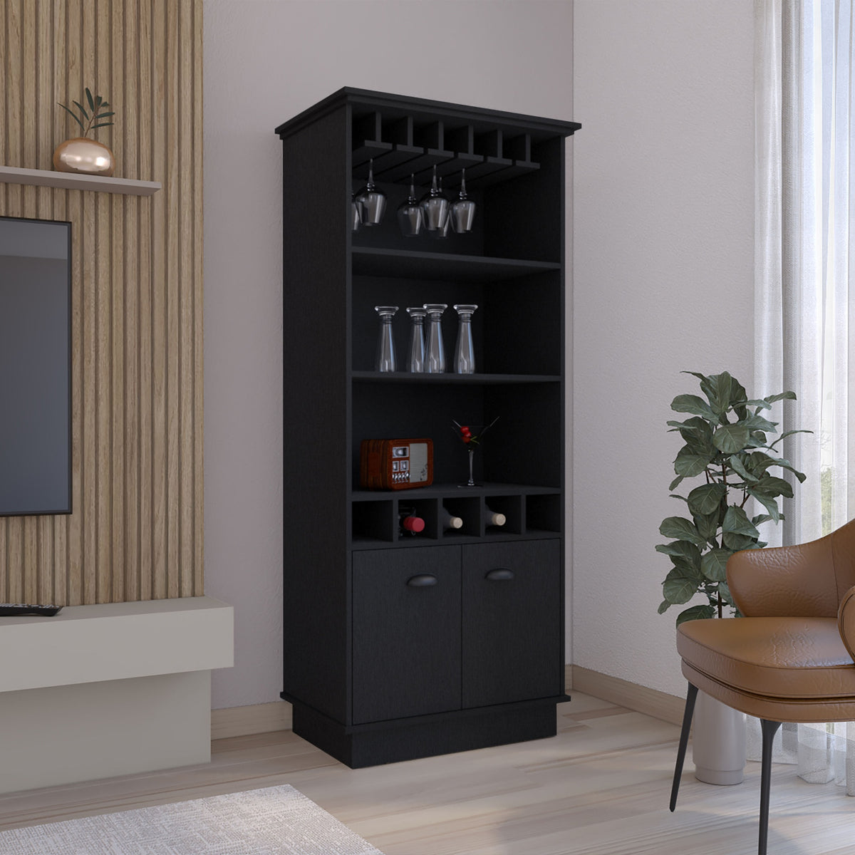 Bar Cabinet 70"H  with Wine Rack, Upper Glass Cabinet, three Open Storage Shelves and One Cabinet,Black