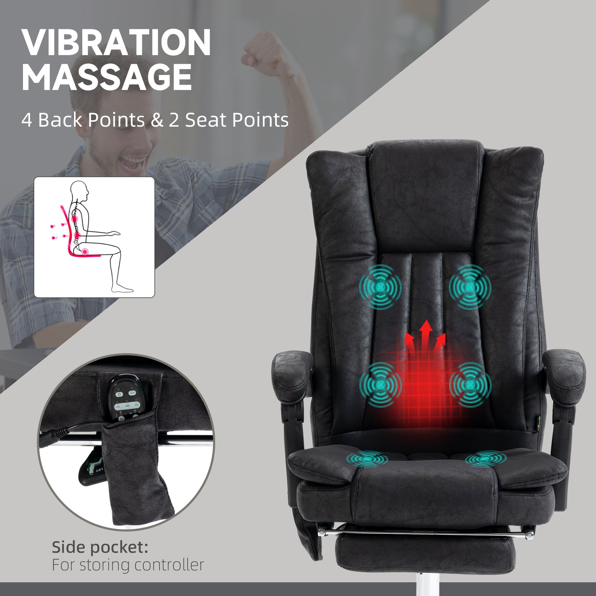 Vinsetto Microfiber Office Chair, High Back Computer Chair with 6 Point Massage, Heat, Adjustable Height and Retractable Footrest, Black
