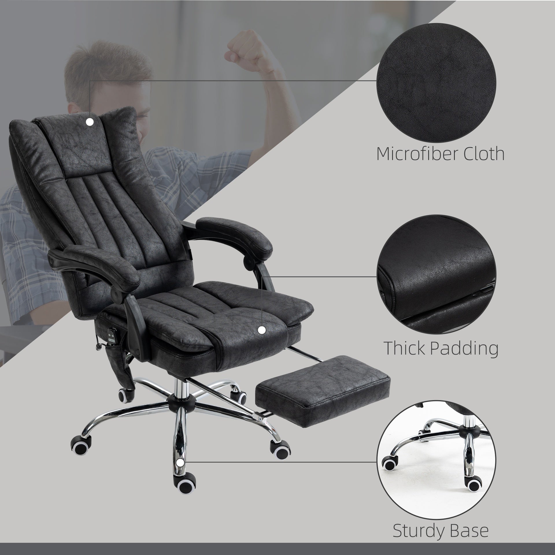 Vinsetto Microfiber Office Chair, High Back Computer Chair with 6 Point Massage, Heat, Adjustable Height and Retractable Footrest, Black