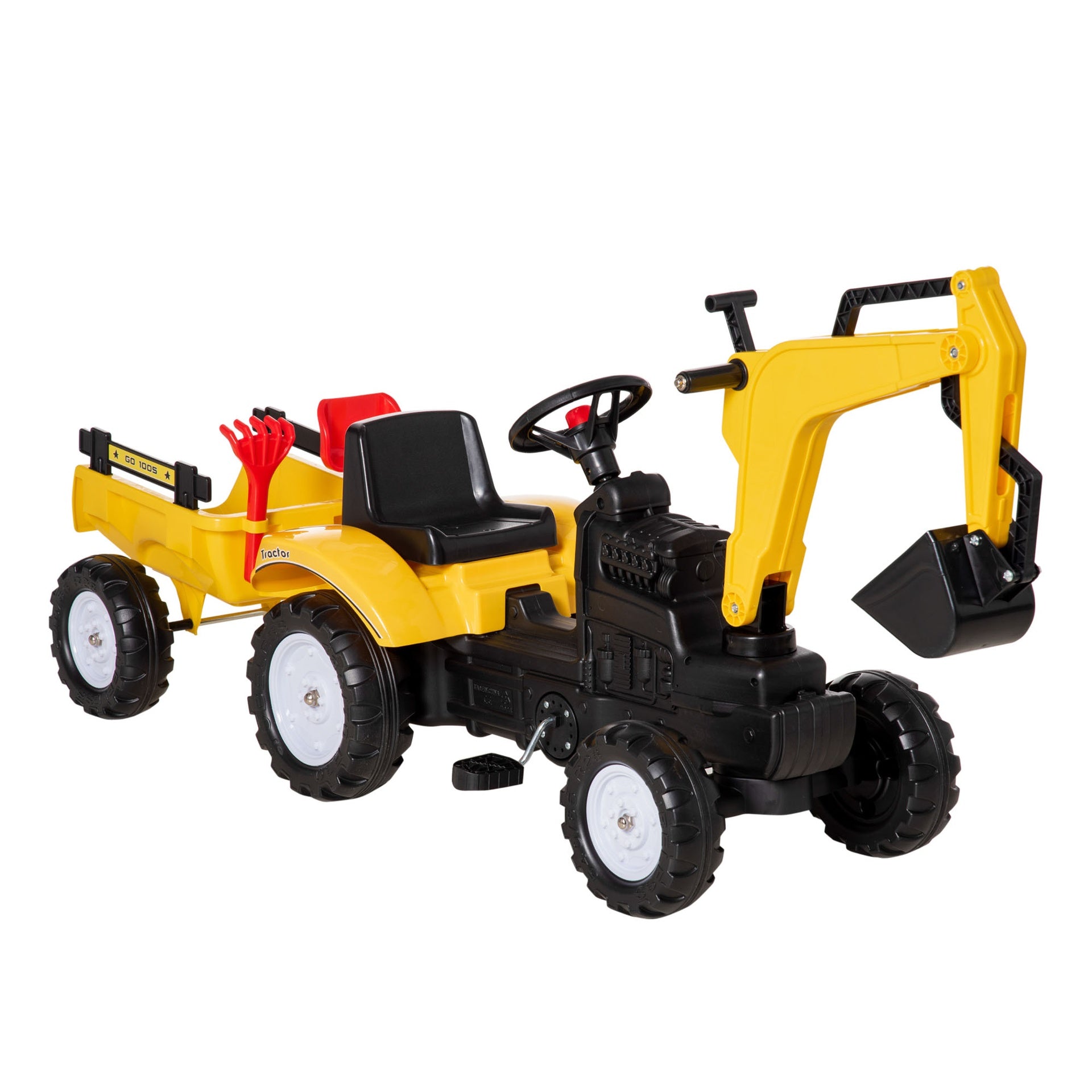 Aosom Digger Ride-on Truck Kids Car with Horn, Excavator Ride-on Toy, Imaginative Toy Construction Car, 6 Wheels & Detachable Trailer, Yellow