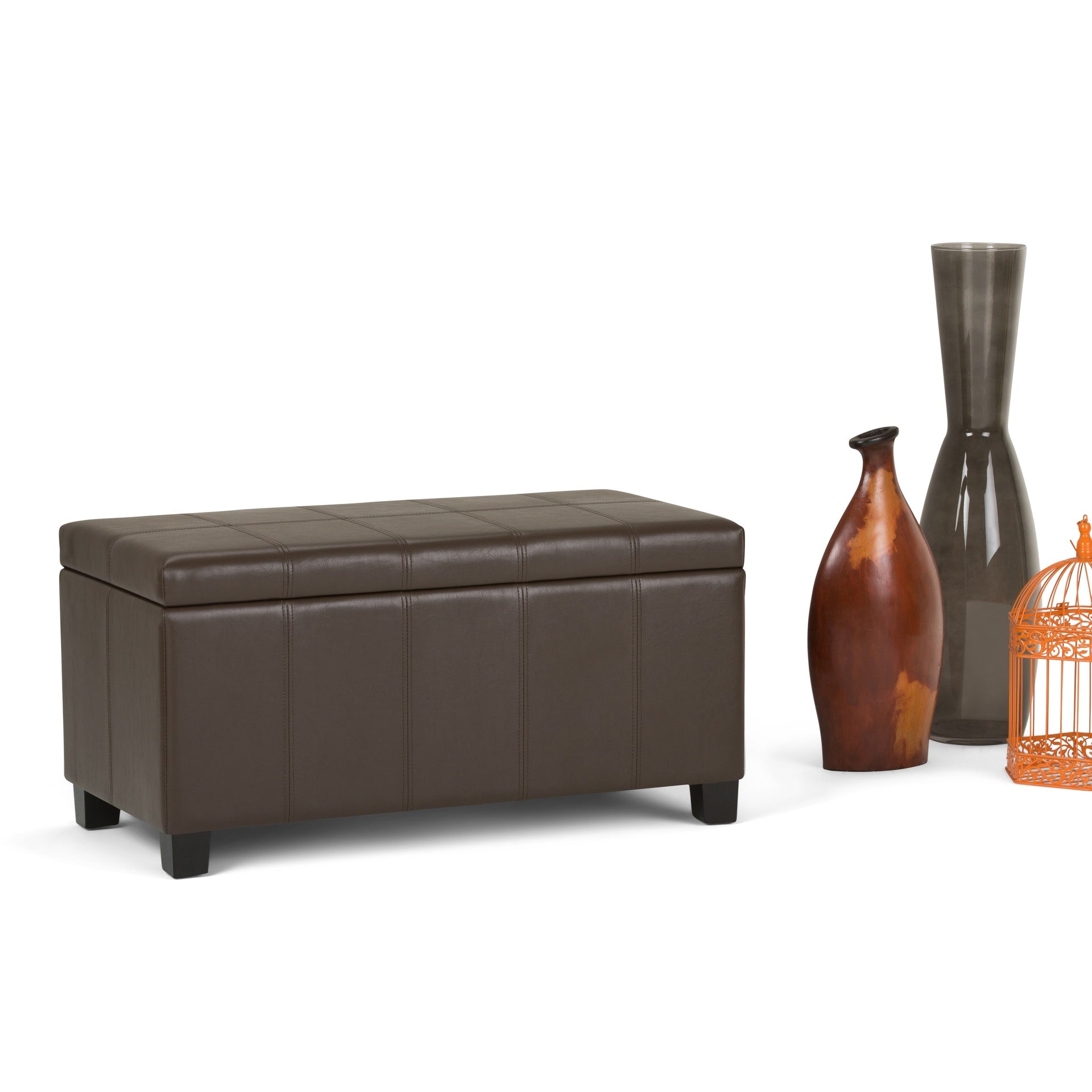 Dover 36 inch Wide Storage Ottoman Bench in Chocolate Brown Vegan Leather