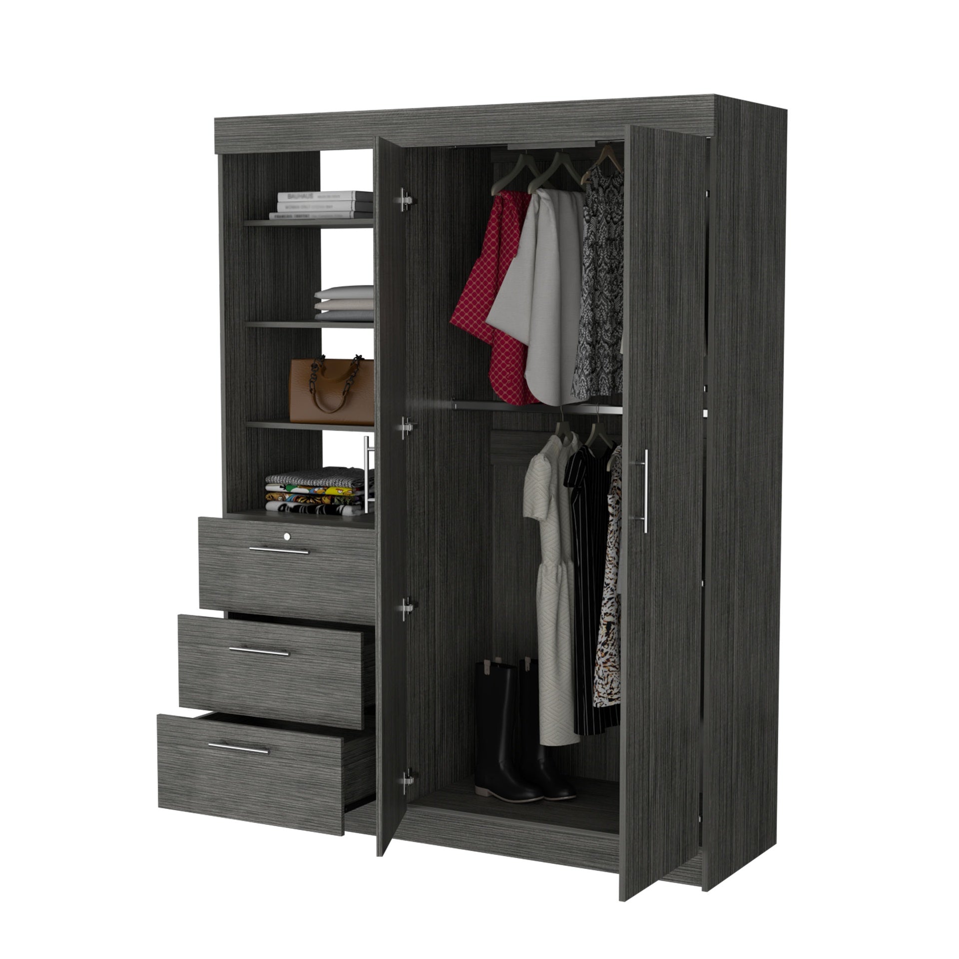 Tempe 3 Drawers Armoire, 3-Tier Shelf, 2-Door
