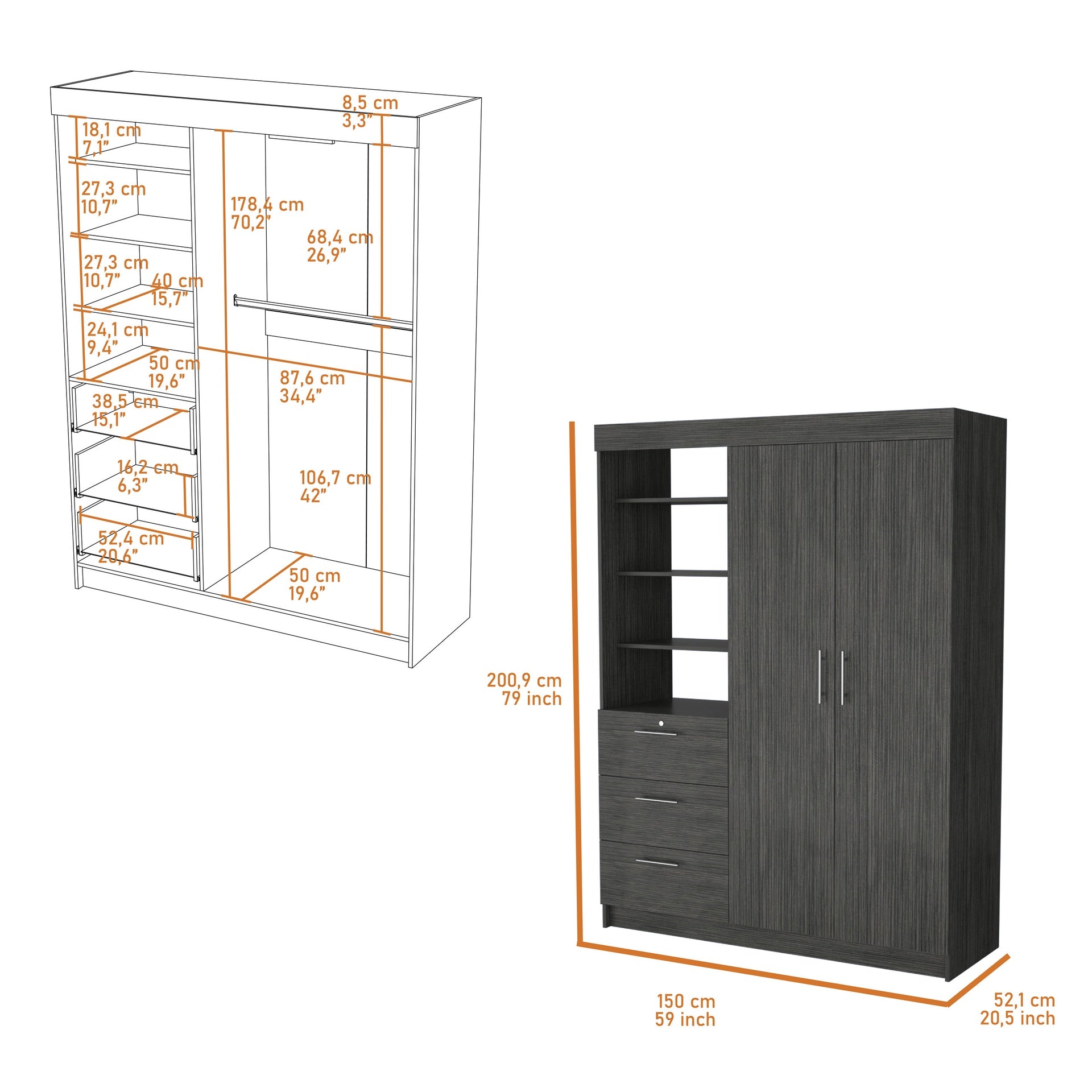 Tempe 3 Drawers Armoire, 3-Tier Shelf, 2-Door