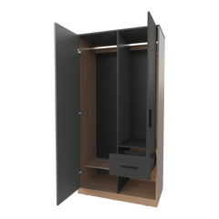 Lugoff Wardrobe with Two Doors and One Drawer, Matt Grey and Natural Oak