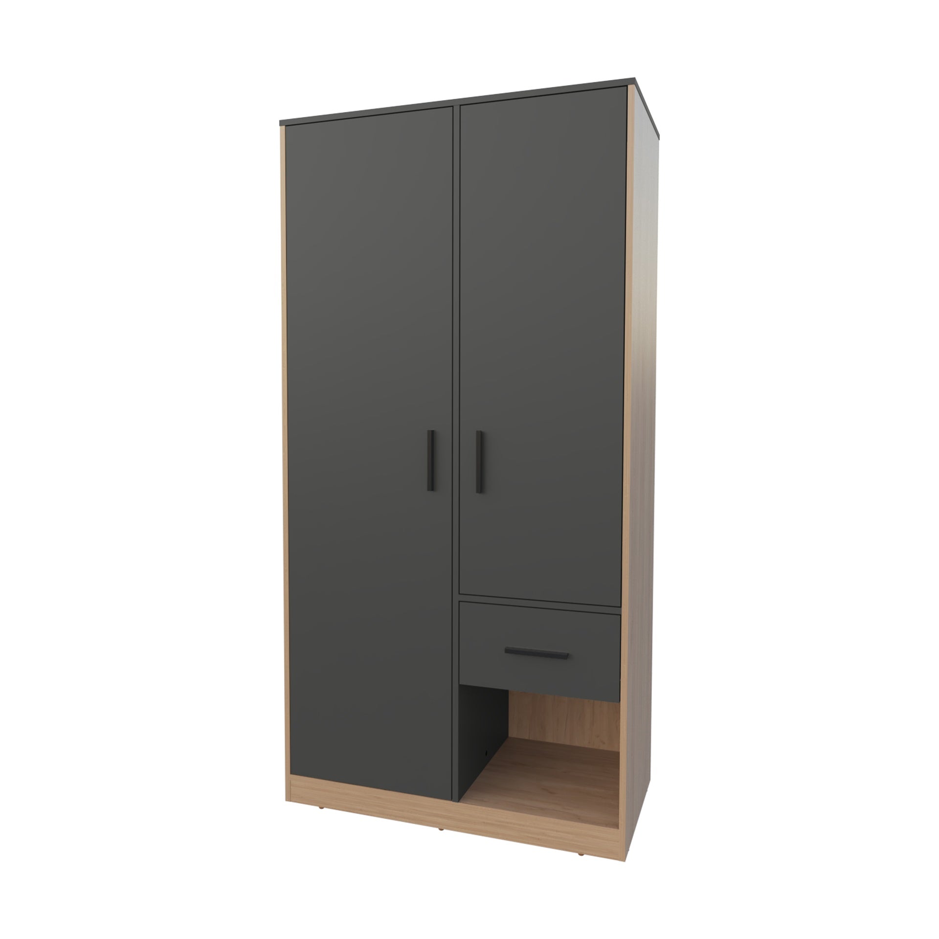 Lugoff Wardrobe with Two Doors and One Drawer, Matt Grey and Natural Oak
