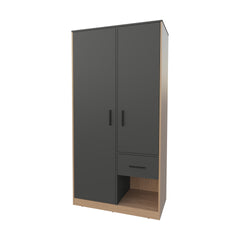 Lugoff Wardrobe with Two Doors and One Drawer, Matt Grey and Natural Oak