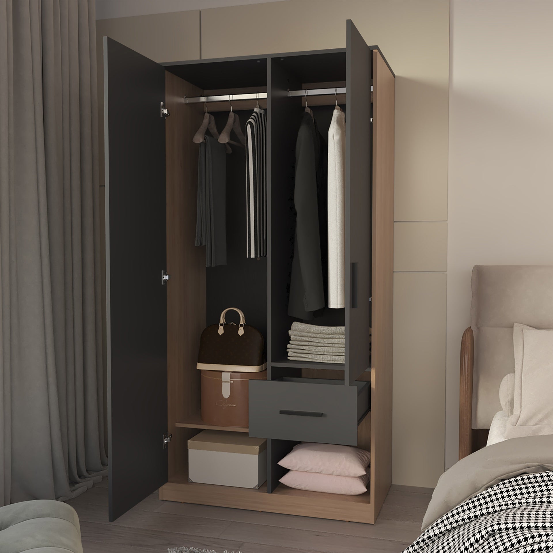 Lugoff Wardrobe with Two Doors and One Drawer, Matt Grey and Natural Oak