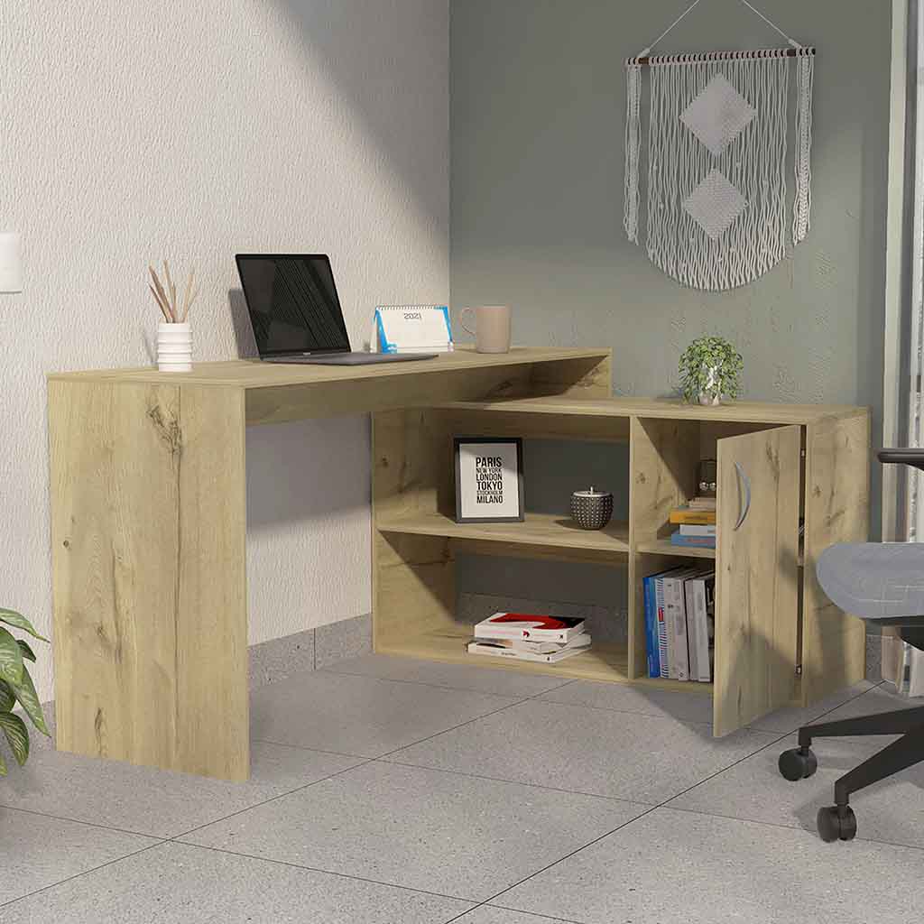 Dallas L-Shaped Home Office Desk, Two Shelves, Single Door Cabinet