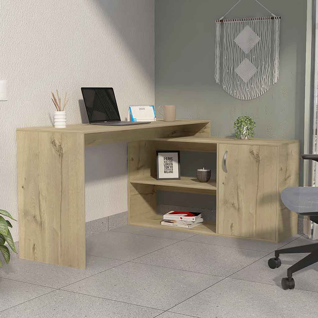 Dallas L-Shaped Home Office Desk, Two Shelves, Single Door Cabinet